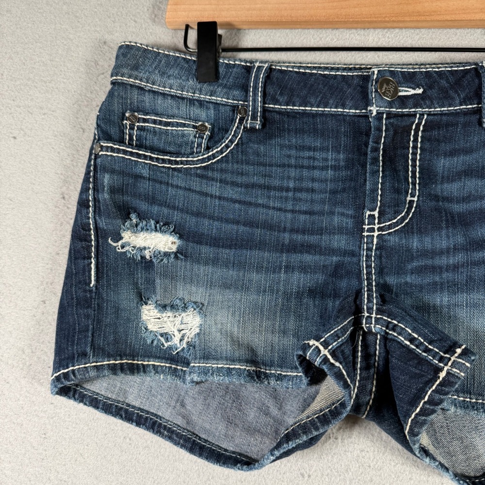 BKE Women’s Distressed Dark Blue Denim Jean Shorts - Picture 3 of 16